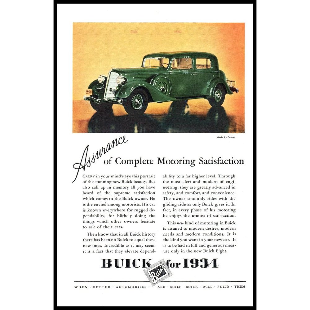 1934 Buick Sedan Vintage Print Ad Green Antique Car Wall Art Photo